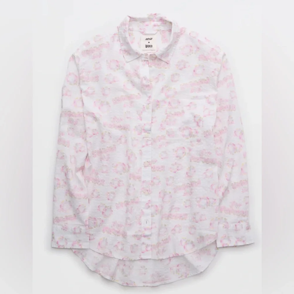 Aerie Wicked Pajama Set Seersucker Pink Graphic Button Down & Shorts M/L